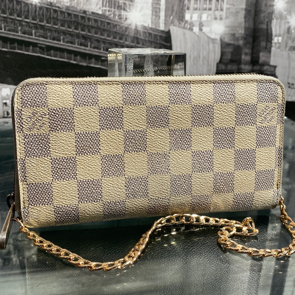 Louis Vuitton Damier Azur Beige and Blue Zip Wallet with Gold Chain